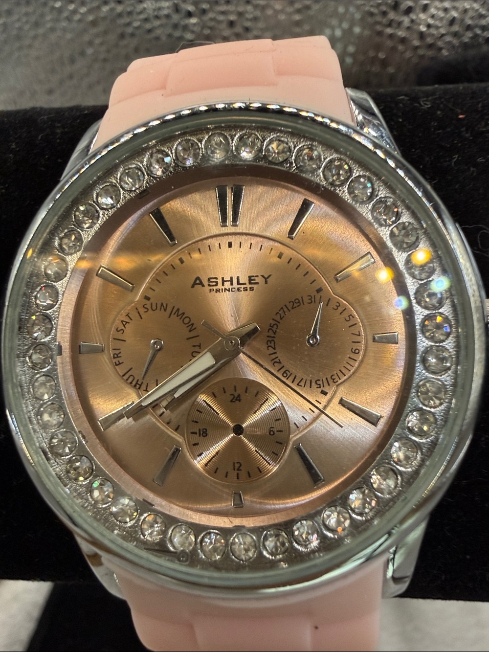 Ashley Stewart Pink Silicone Strap Watch with Rose Gold Dial and Crystal Bezel